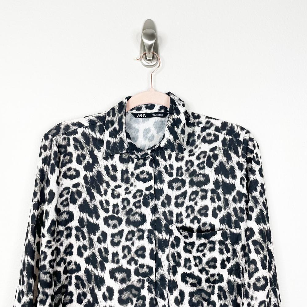 2/$30 ZARA Leopard Tunic Button-Down Blouse Black Chest Pocket Long Sleeve #5387 - Picture 5 of 10